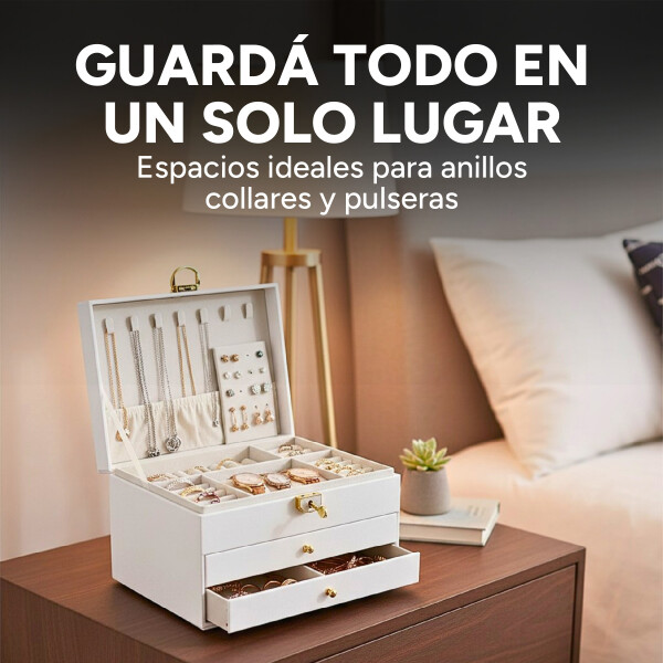 Joyero Organizador Alhajero 3 Pisos C/Llave Cuero Terciopelo Blanco