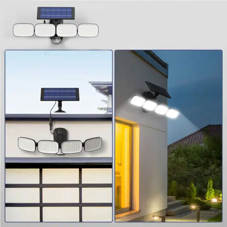 Foco Solar de Pared Ajustable 4 Luces Led c/Sensor y Control Negro