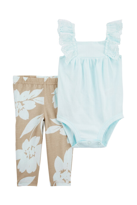 Set dos piezas de algodón, pantalón y body con ojales, diseño floral Sin color