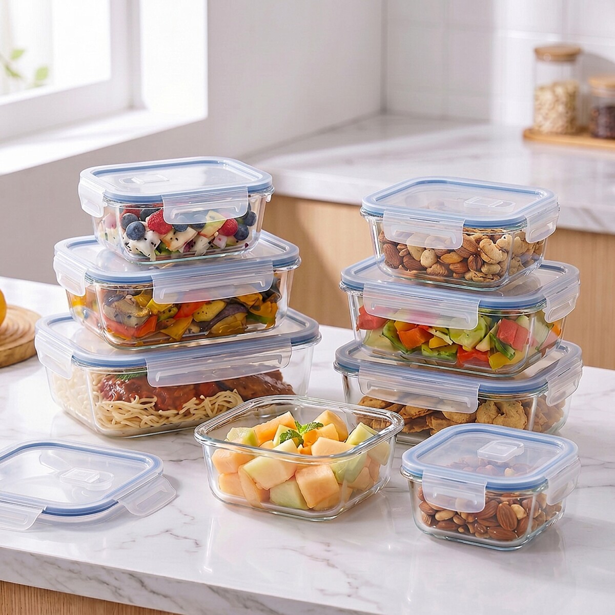 Juego De 8 Tarros De Vidrio Hermeticos Taper Recipientes Contenedores Imback Azul 