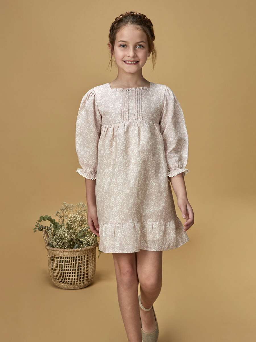 Vestido Lino Estampado Flores Rosa Suave