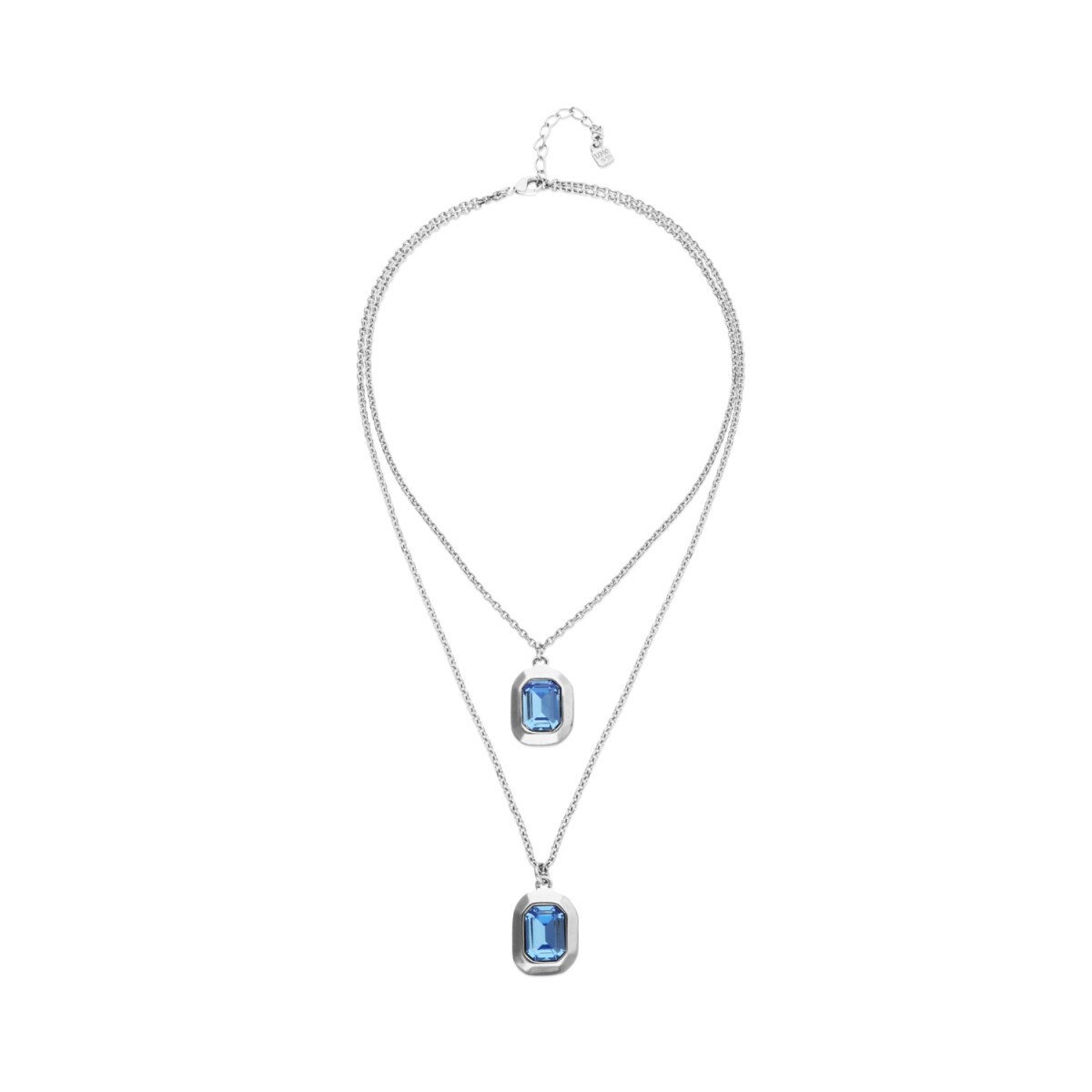 COLLAR DOBLE DE ALEACIÓN DE METALES BAÑADO EN PLATA DE LEY CON CRISTAL FACETADO AZUL - Colgante 