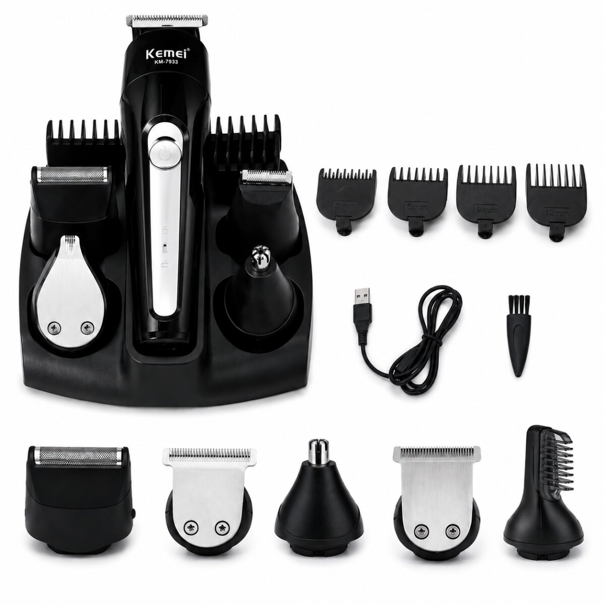 Corta Pelo Barba Afeitadora Recargable 5 en 1 KEMEI KM-7933 - Negro 