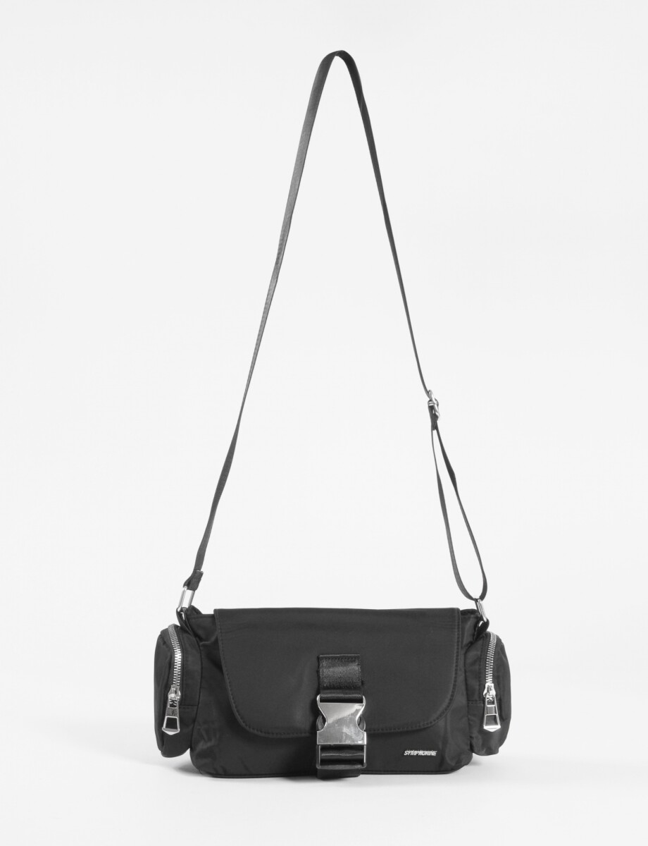 Bandolera de tela con tapa y hebilla - negro 