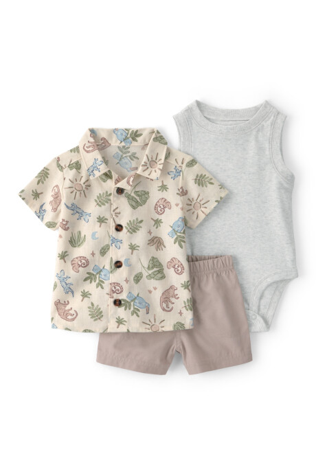 Set tres piezas, short y body de algodón más camisa de lino diseño safari Set tres piezas, short y body de algodón más camisa de lino diseño safari