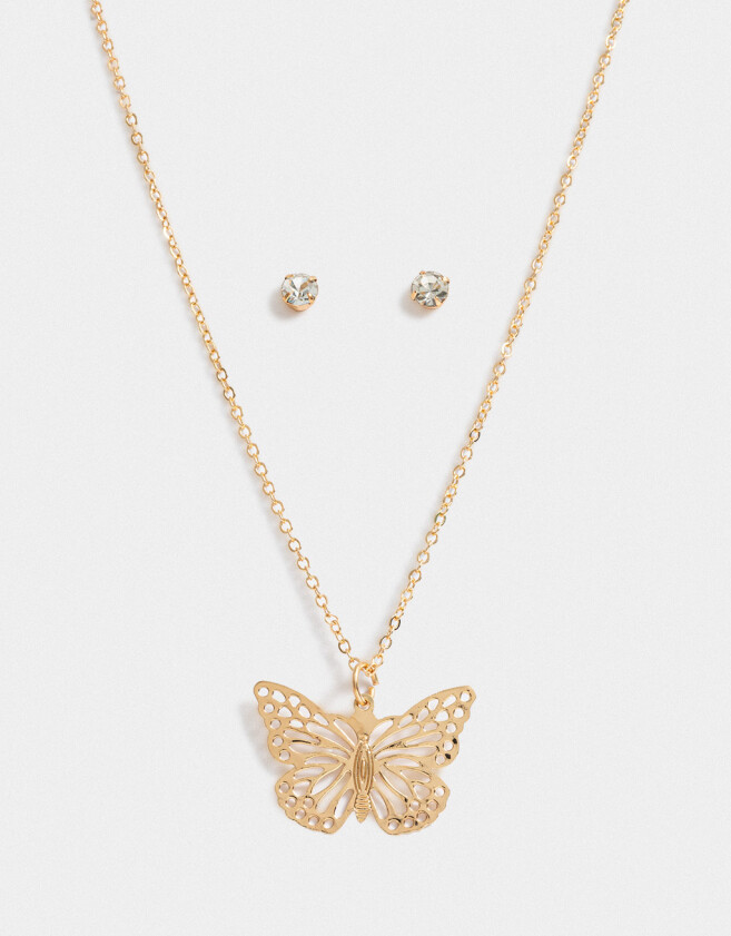 Bijouterie Set Con Mariposas Set De Aros Y Cadena Con Mariposa - Dorado
