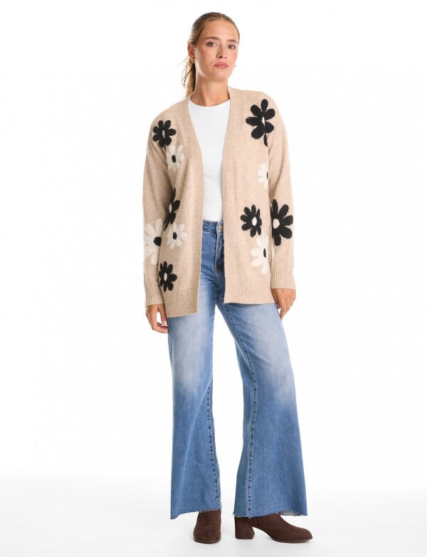 Cardigan Jacquard Flores & Calce Relajado BEIGE/MULTI