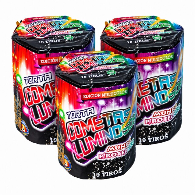 TORTA COMETAS LUMINOSOS MUNDO PIROTECNICO 19 Tiros (PACK x3) TORTA COMETAS LUMINOSOS MUNDO PIROTECNICO 19 Tiros (PACK x3)