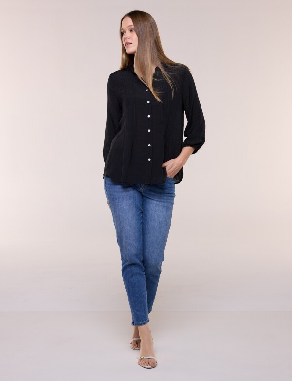 Blusa Con Alforzas En Delantero Y Botones NEGRO