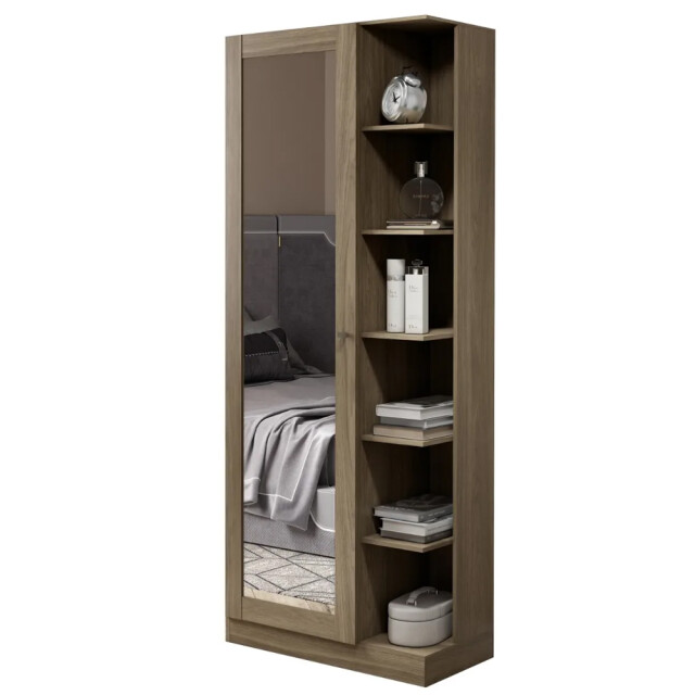 ROPERO 1 PUERTA GUARDARROPA ARMARIO PLACARD CLOSET CON ESPEJO Y ESTANTES COLOR MADERA CLARA