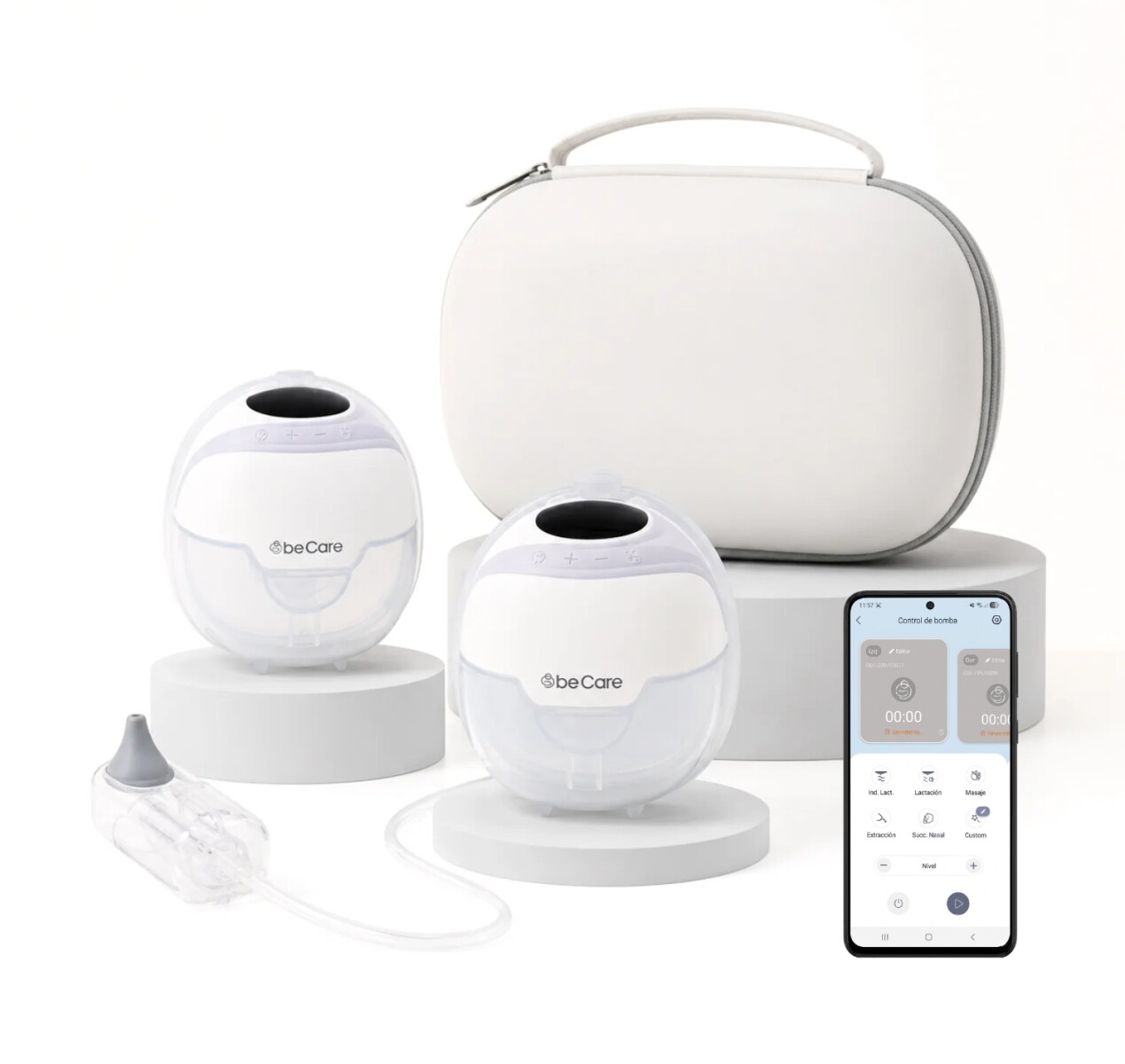 Extractor Doble de Leche Portátil con App BeCare + Aspirador Nasal + 10 Bolsas y Bolso de Almacenamiento 