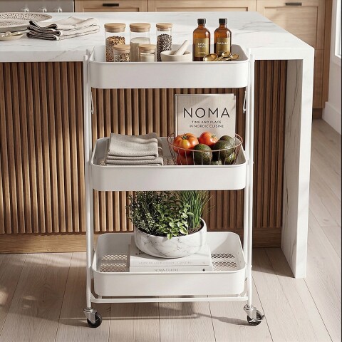 Carro Plegable Carrito Organizador de Metal con 3 Estantes y Ruedas Multiuso IMBACK Color Blanco Carro Plegable Carrito Organizador de Metal con 3 Estantes y Ruedas Multiuso IMBACK Color Blanco