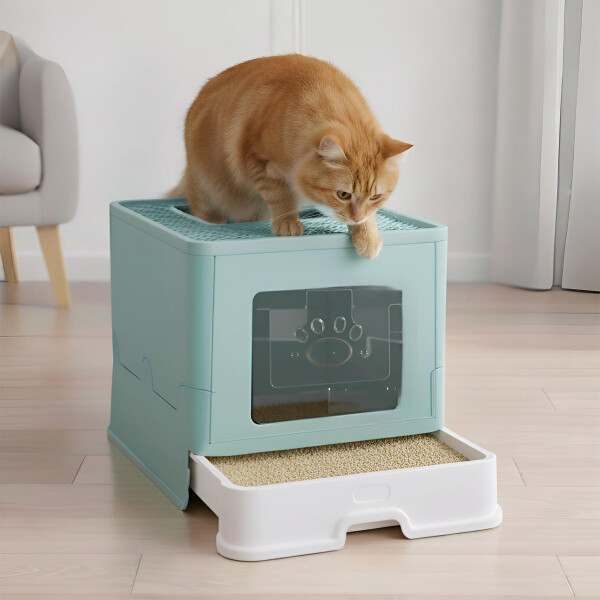 Baño Cerrado Sanitario De Gato Con Bandeja Extraíble Y Pala Color Celeste