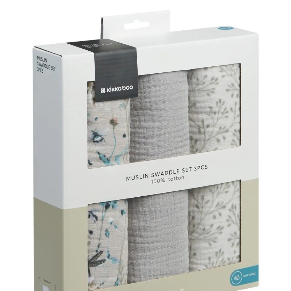 Set x3 muselinas 75x75 swaddle KIKKABOO fields grey
