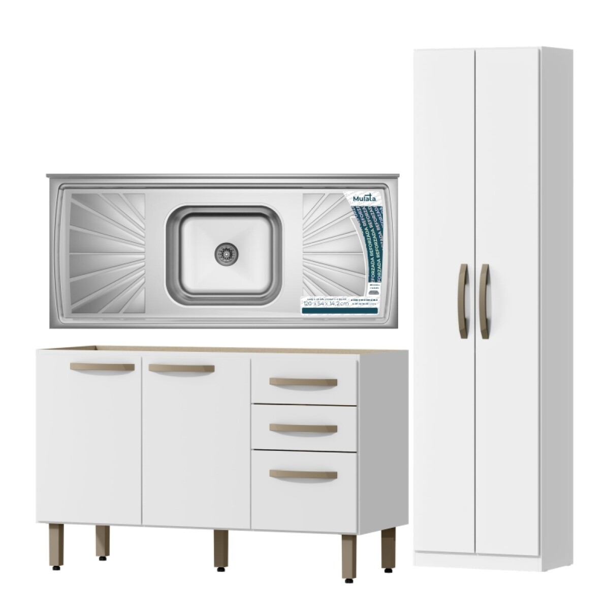 Combo de Cocina Bajo Mesada 3 Puertas 2 Cajones + Pileta Reforzada con Hormigón + Mueble Multiusos 2 Puertas - Blanco 