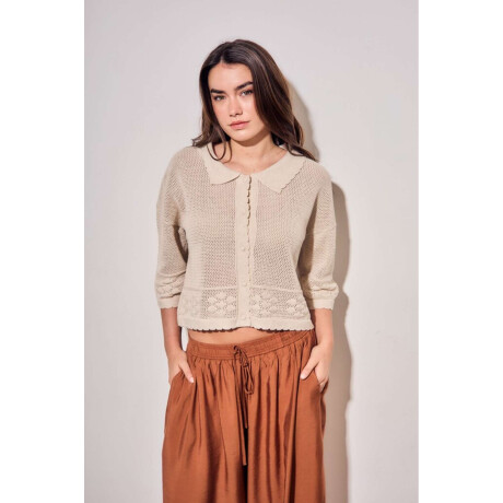 Cardigan Texturado Crochet Flores Beige Melange