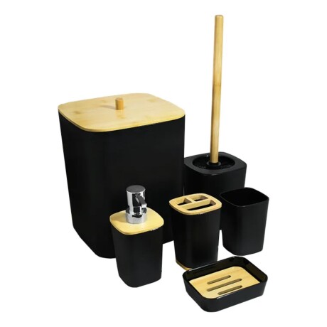 Set de accesorios para baño en color negro y madera Set de accesorios para baño en color negro y madera
