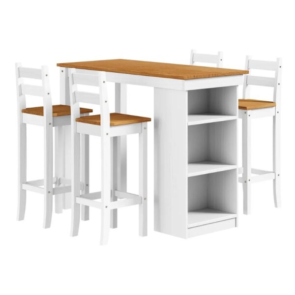 DESAYUNADOR CON ESTANTES + 4 BANQUETAS - BLANCO/CERA DESAYUNADOR CON ESTANTES + 4 BANQUETAS - BLANCO/CERA