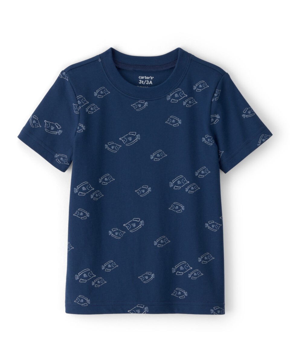 Remera de algodón, manga corta, azul marino, diseño peces 
