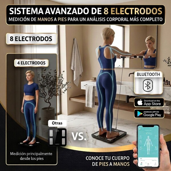 Balanza Digital Bluetooth Baño Bioimpedancia Masa Corporal 8 electrodos CLEMUR Color Negro Balanza Digital Bluetooth Baño Bioimpedancia Masa Corporal 8 electrodos CLEMUR Color Negro