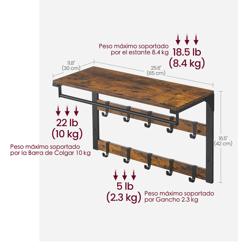 SONGMICS Perchero de Pared con Estante y 10 Ganchos Extraíbles – Para Entrada, Dormitorio o Baño Sin Color