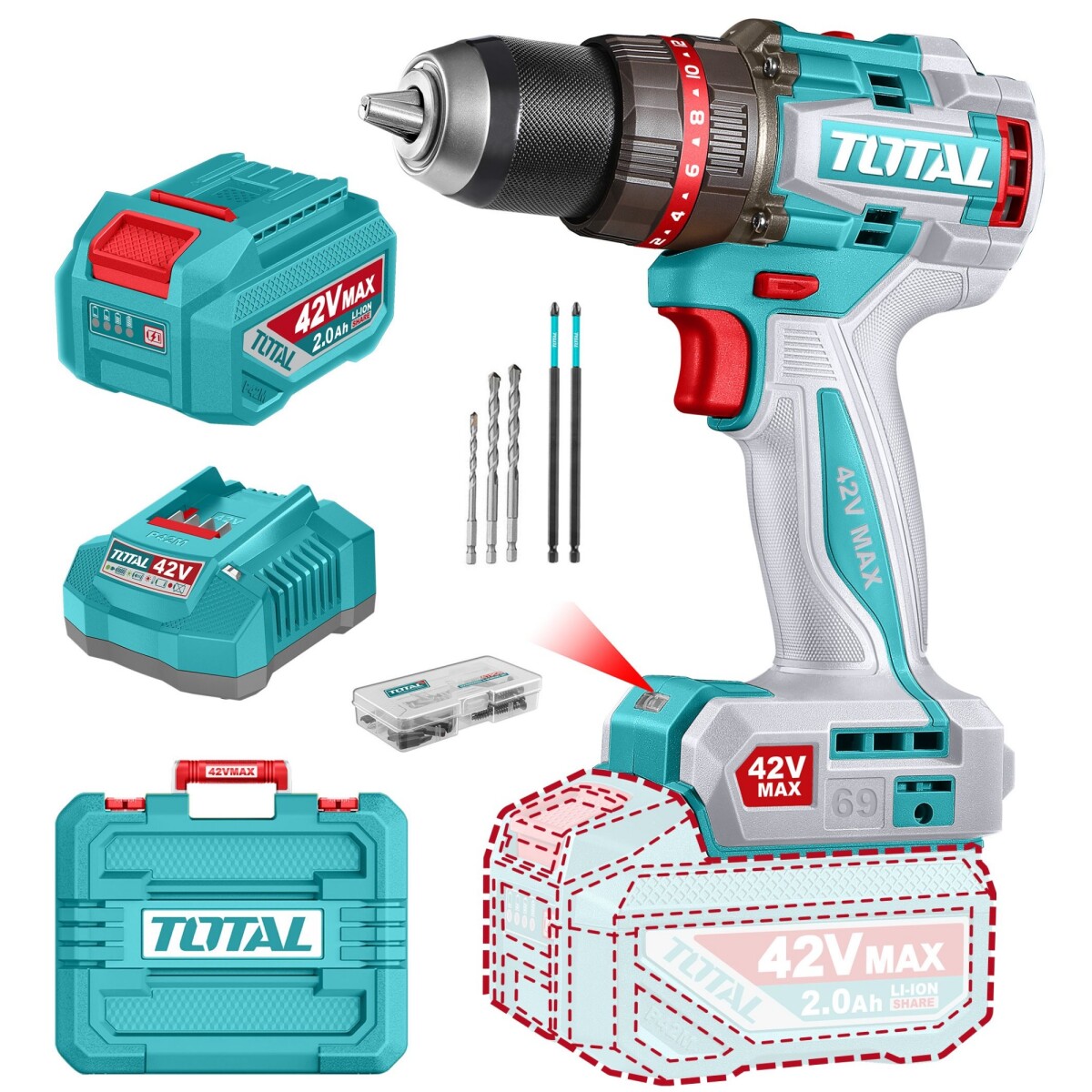 Taladro Percutor Y Atornillador 42v 69Nm - Batería, Cargador Y Maletín - Sin Carbones 