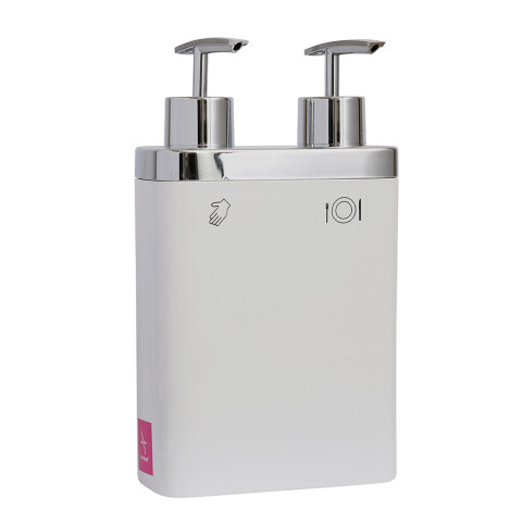 DISPENSADOR C/ DIVISION JABON/DETER BLANCO. 13X6X22 DISPENSADOR C/ DIVISION JABON/DETER BLANCO. 13X6X22