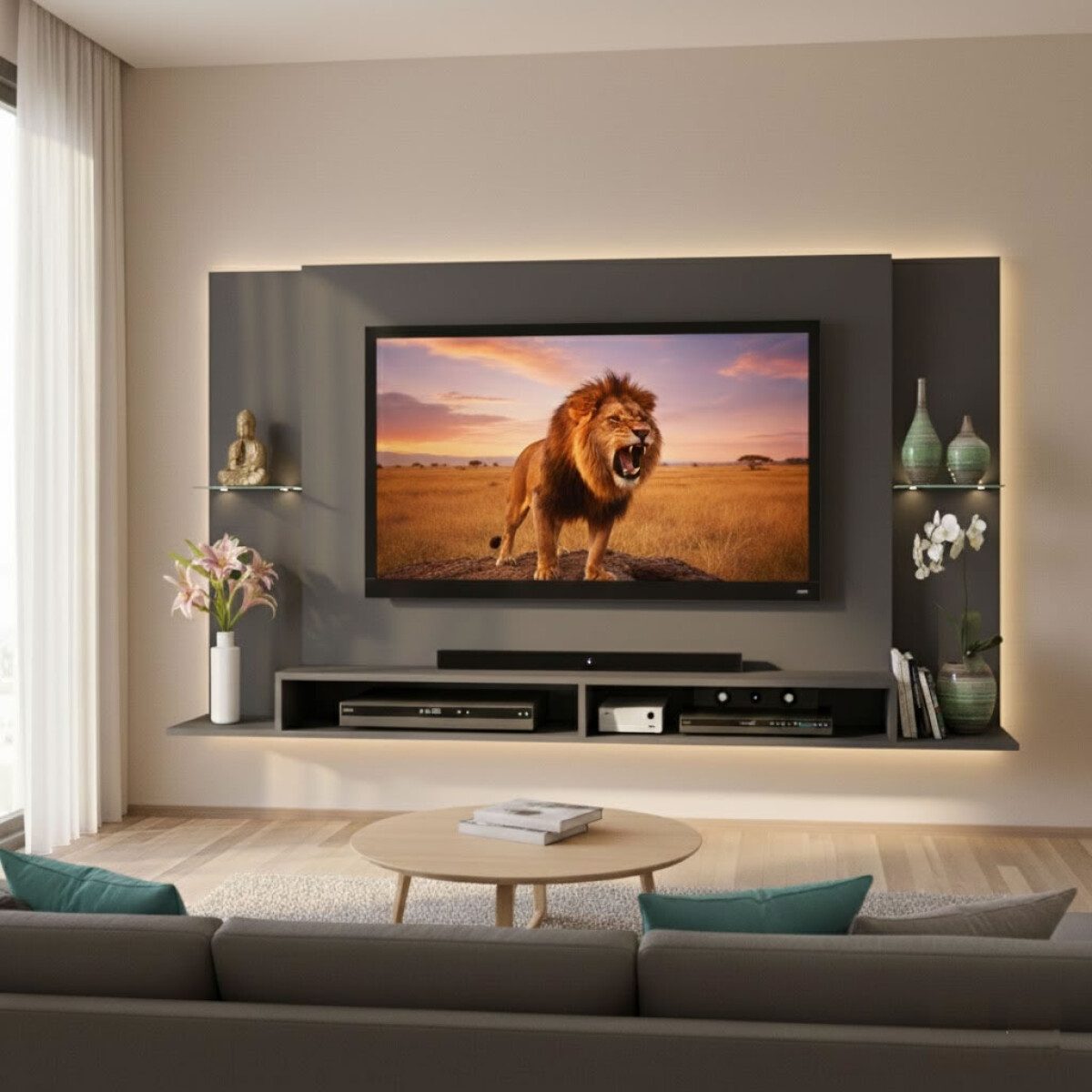 Rack Flotante Tv 65 Pulgadas Grafito - Con Estantes De Vidrio Y Pasacables 