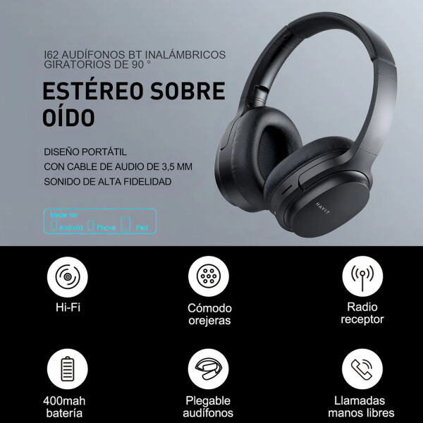 Auricular Havit I62 Bluetooth Batería Aux AURICULAR HAVIT I62 NEGRO C/BT
