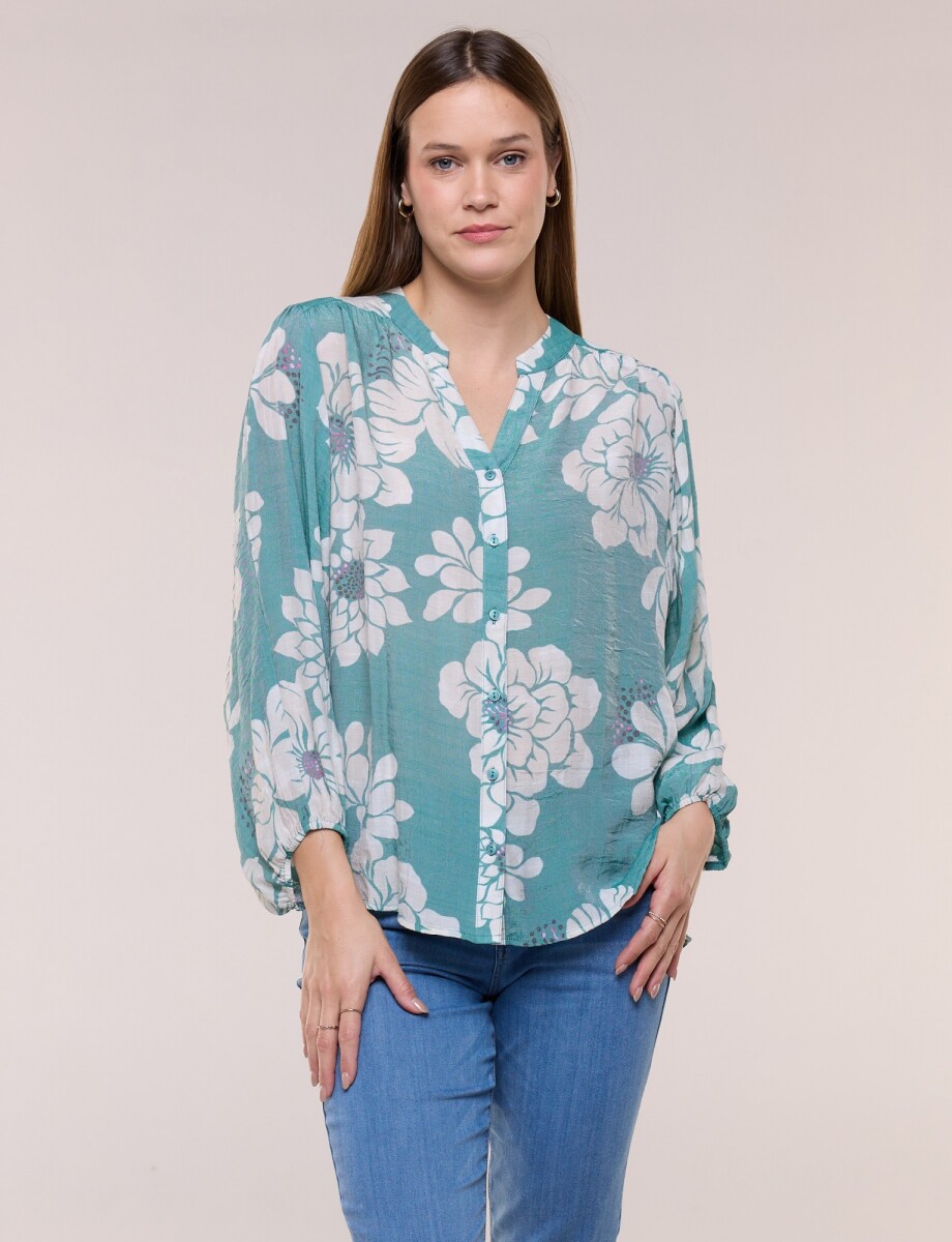 Blusa Crinkle Holgada Con Escote V - Verde/multi 