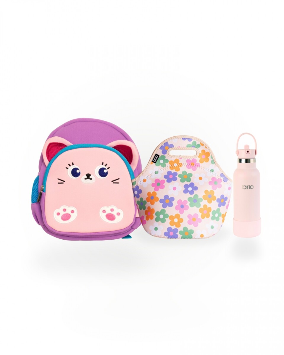 Set de mochila infantil animales de neopreno, lunchera de neopreno y botella de acero inoxidable 500ml brio - set-florcitascolores 