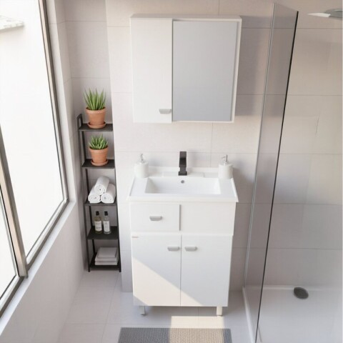 Mueble de Baño de Pie POP (56cm) | Set Blanco con Espejo y Lavatorio Mueble de Baño de Pie POP (56cm) | Set Blanco con Espejo y Lavatorio