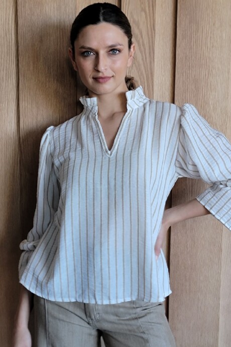 Blusa Copenhague Lino rayado crudo y beige