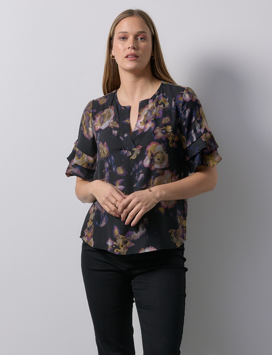 Blusa Manga Volados - Negro/multi 