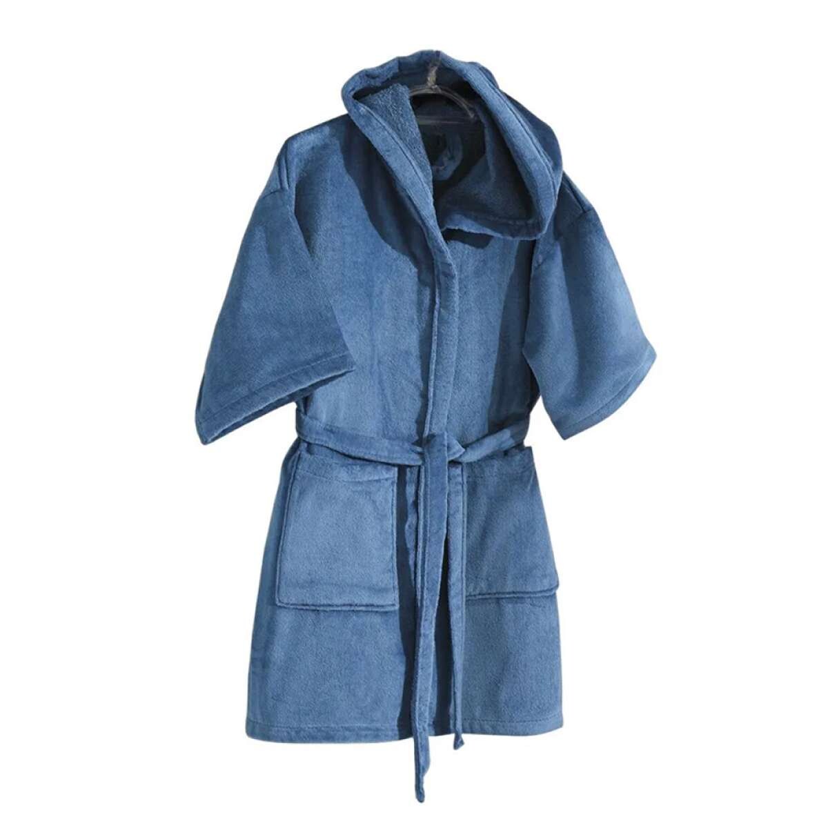 Bata Baño Infantil Con Capucha Velour Dohler 100% Algodón - Azul Piedra 