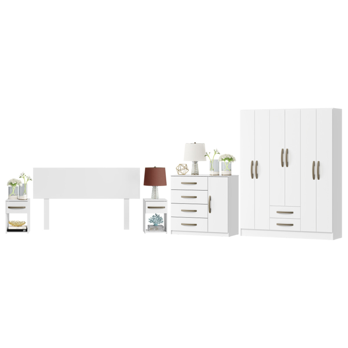 Combo Armario 6 Puertas, Respaldo, Mesas de luz, Cómoda - MDP - Blanco 