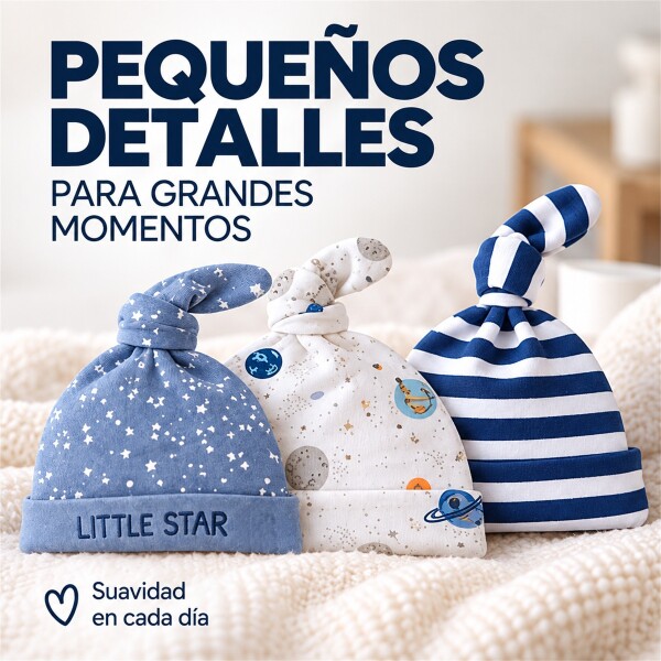 Gorro Para Bebé Recién Nacido x3 100% Algodón Con Nudo Azul 1