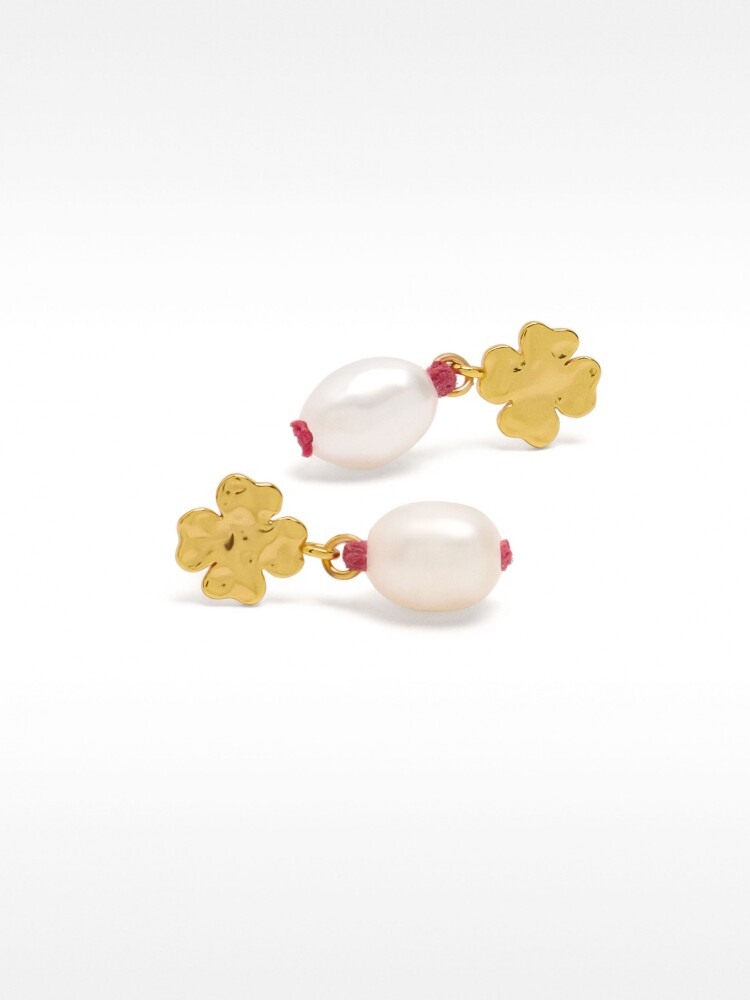 Pendientes De Trébol Con Perla De Agua Dulce - Plata De Ley 925 rojo