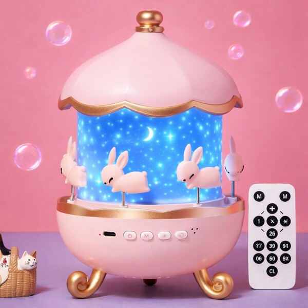 Lámpara Veladora Proyectora Conejo Recargable Control Remoto Color Rosa