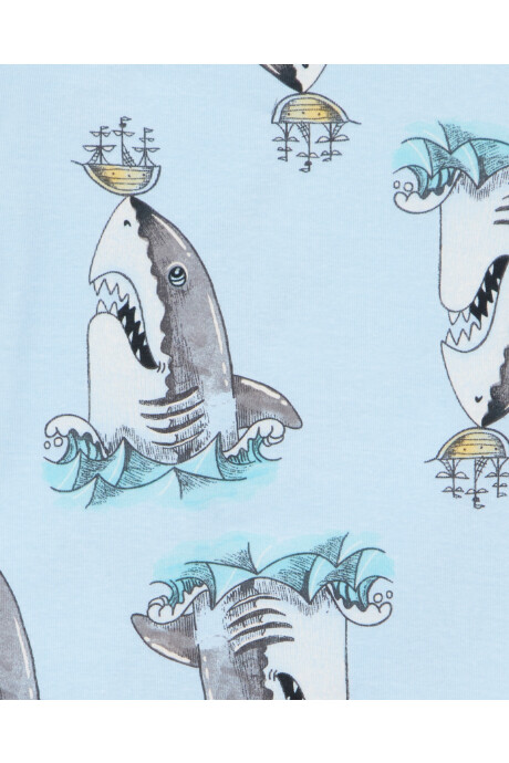 Pijama cuatro piezas de algodón, dos pantalones y dos remeras, diseño tiburones Sin color