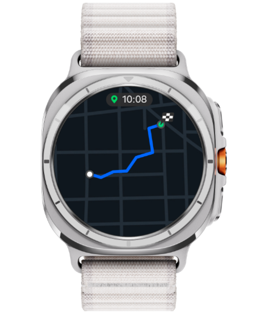 Un Galaxy Watch Ultra muestra un mapa con una ruta desde la posición inicial hasta el destino.