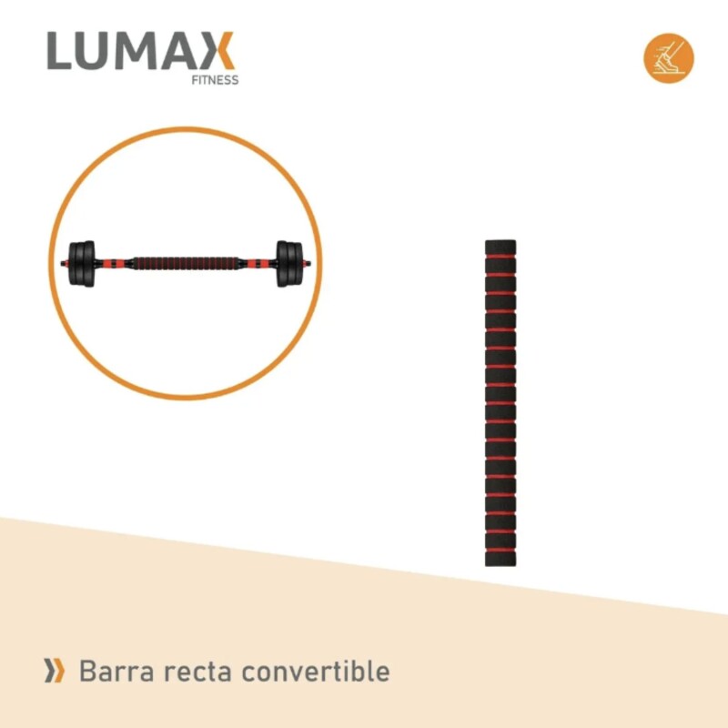 Set 2 Mancuernas Lumax + Barra 2 en 1 + 30kg Discos Pesas Rojo