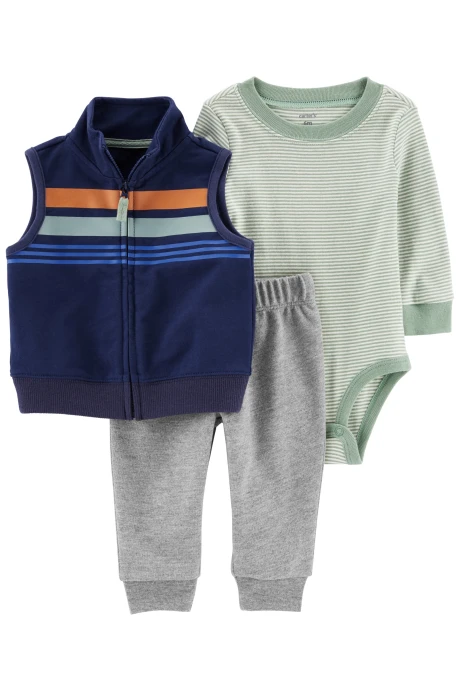 Set tres piezas de algodón, chaleco, pantalón y body Set tres piezas de algodón, chaleco, pantalón y body