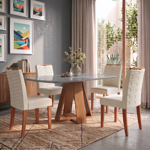 Juego De Comedor - 4 Sillas + Mesa Tapa De Vidrio - Celeste Gris / Beige
