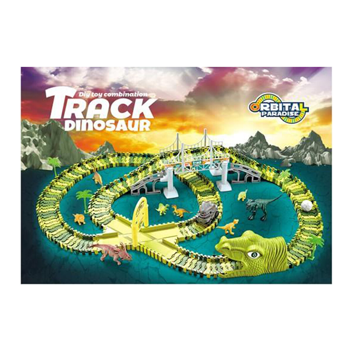 Pista Carreras Dinosaurio Jurassic Flexible Encastrable 220P - Verde 