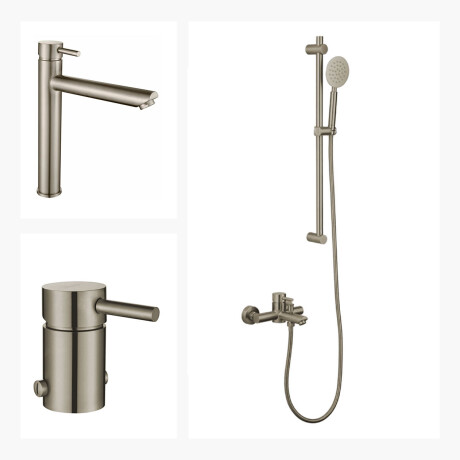JUEGO DE GRIFERIA BRUSH NICKEL DUCHA EXTERIOR LAVATORIO ALTO Y BIDET 000