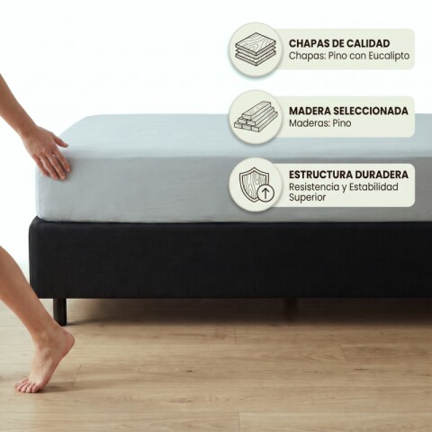 Base Box Sommier Tapizada Negra para Colchón 1 PLAZA 88 x 188 x 35 cm