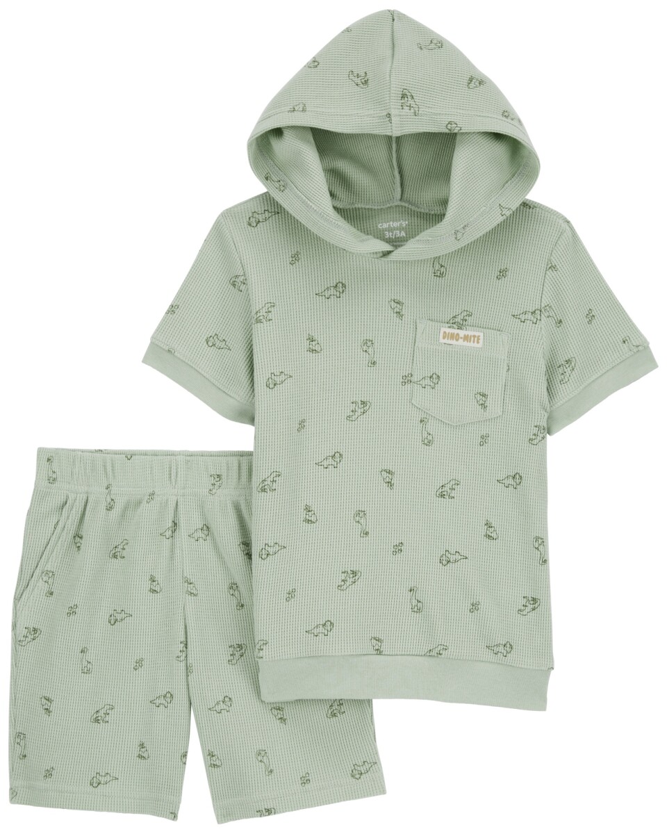 Set dos piezas de algodón, short y remera con capucha diseño dinos 