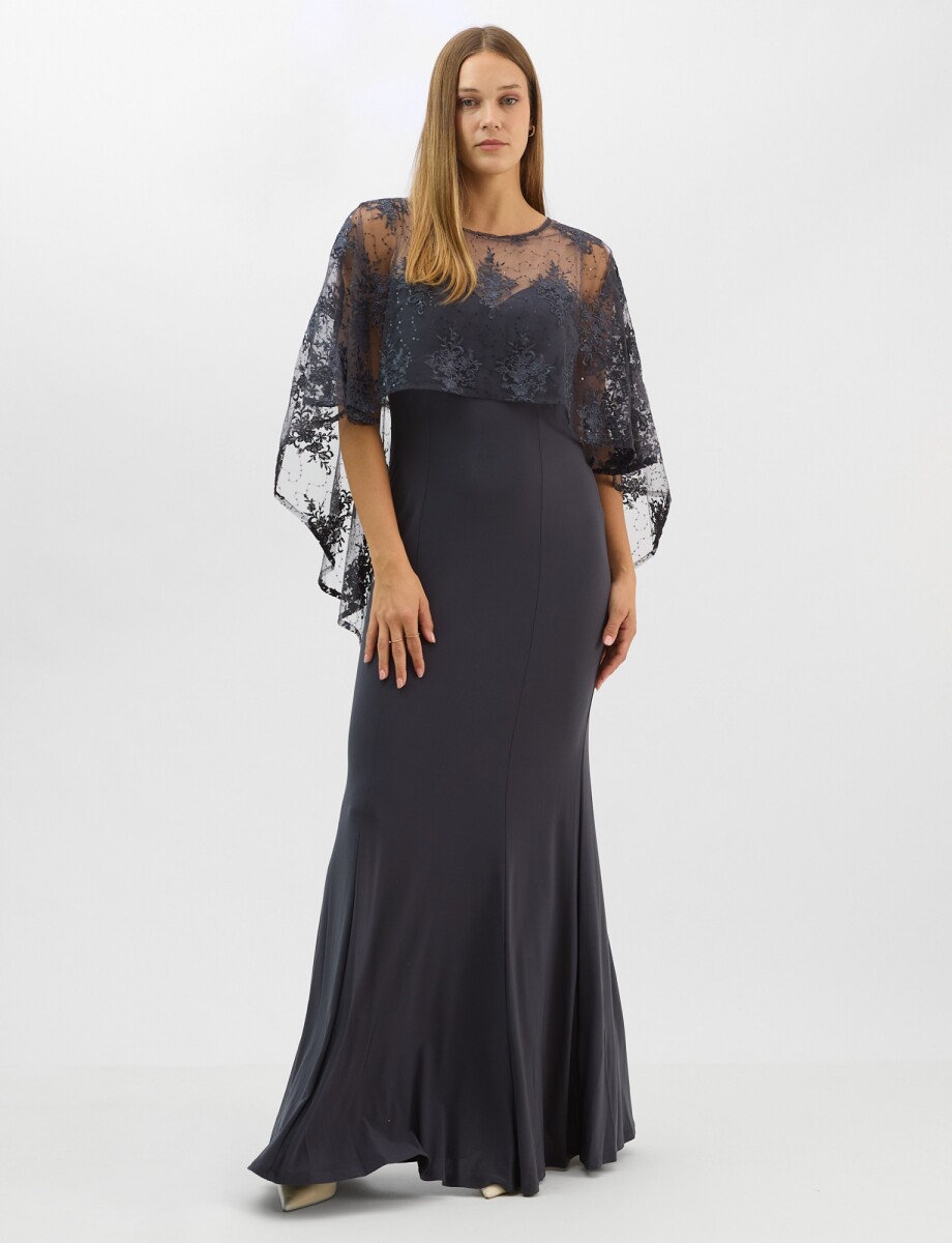Vestido Maxi Con Capa Bordada - Gris Oscuro 