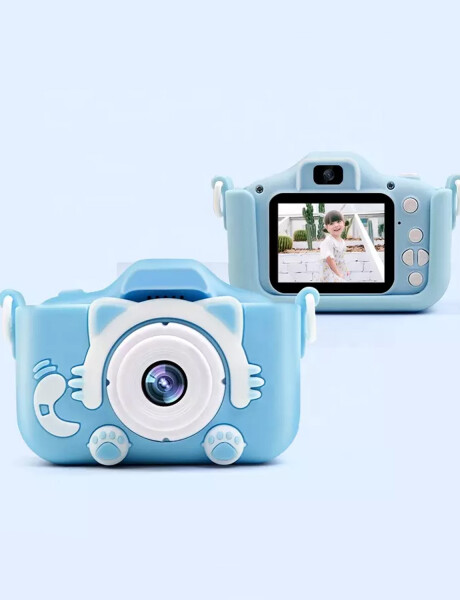 Cámara de fotos infantil 5MP doble lente con pantalla y juegos Celeste